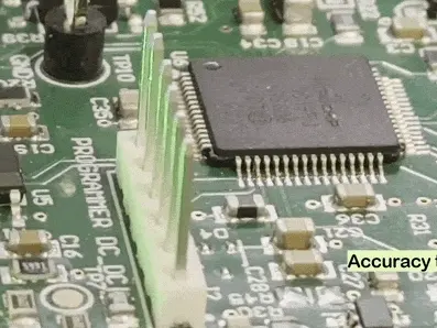 Animated close-up of a flying probe accessing fine-pitch IC pins