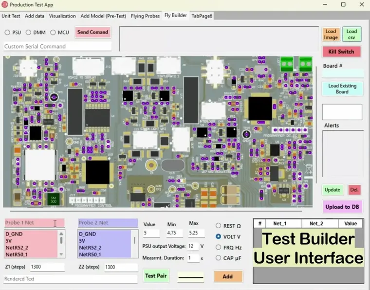 Production Test App showing PCB connections and instrument controls