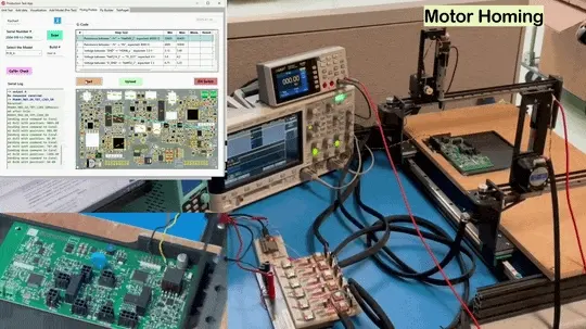 Animated overview of the dual-probe tester operating with the production test app