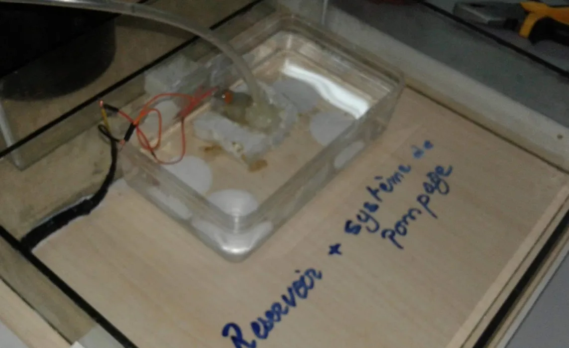 Homemade water pump and reservoir with orange wires