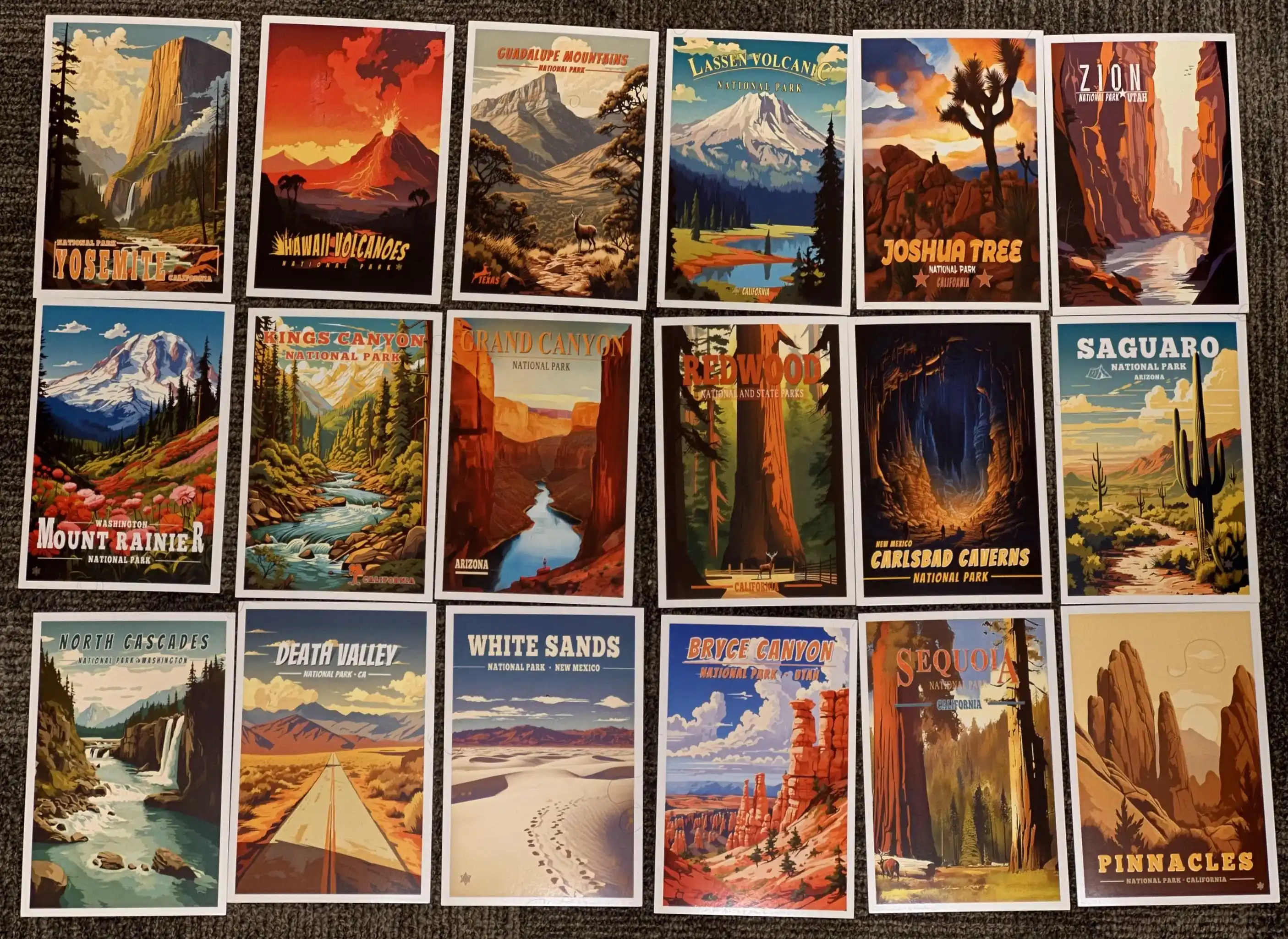 A collection of illustrated US national park postcards